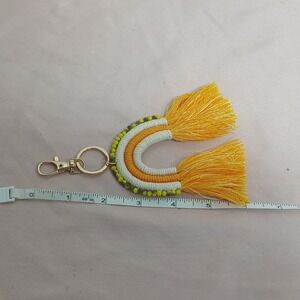 Macrame Rainbow Keychain yellow White Gold Beaded Top backpack charm tassled